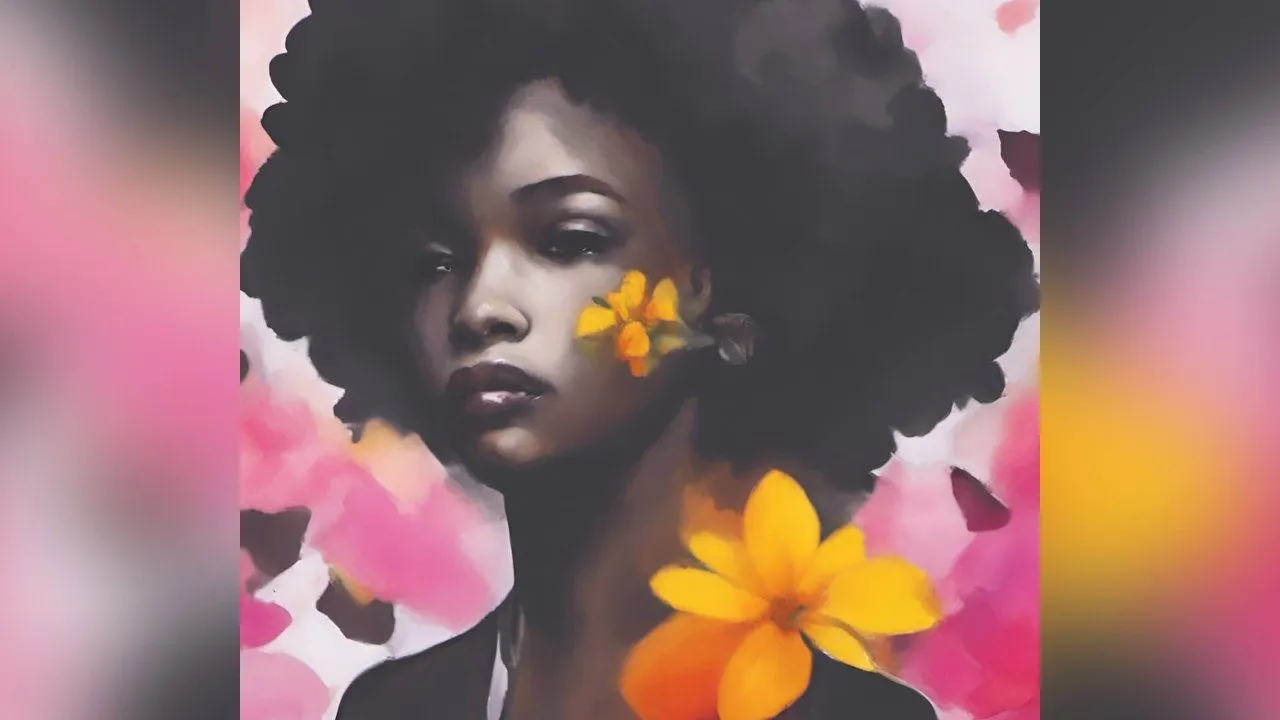 Digital painting of a Black woman. Yellow flowers rest near her ear and shoulder, set against a soft blurred background of pink and magenta watercolor tones.