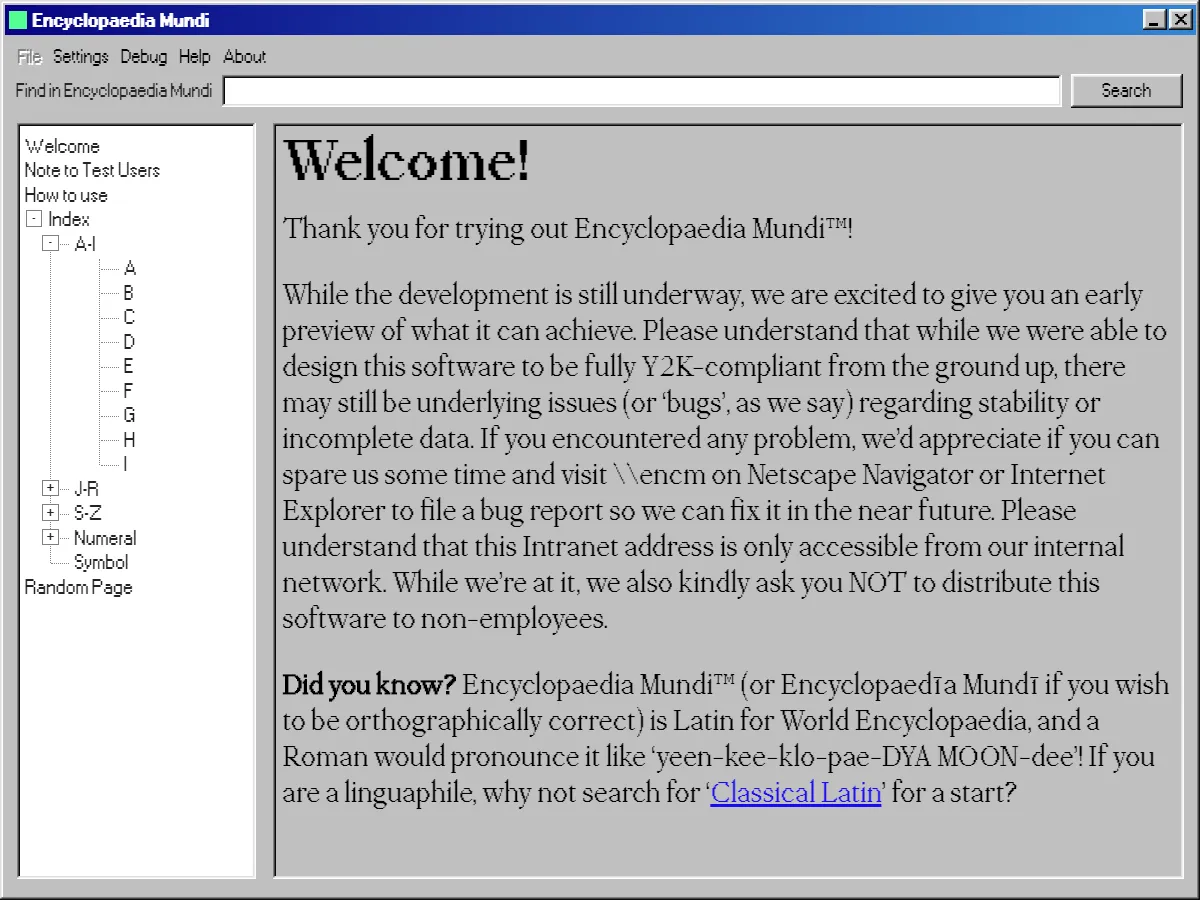 The Windows-98-styled interface of Encyclopædia Mundi, showing a search result mid-entry.