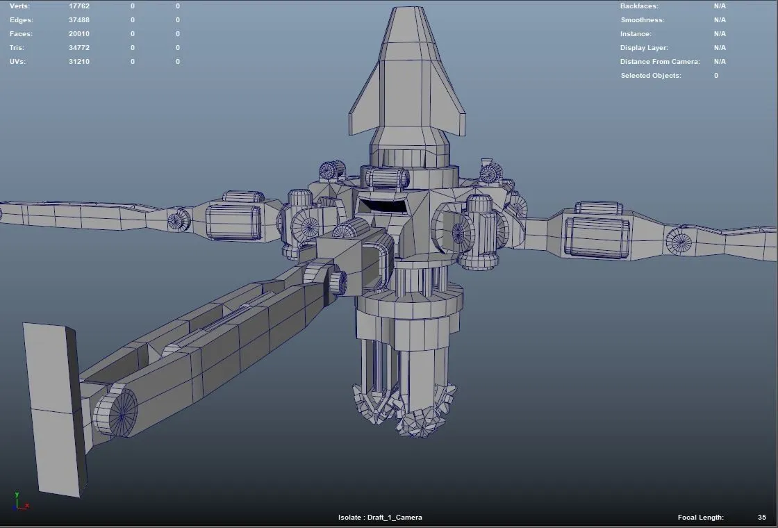 3D modeling software viewport showing an untextured gray spacecraft model with a central cockpit pod, long twin wings extending outward with cylindrical engine pods, a tall vertical thruster at the rear, and a landing leg extended below. Viewport overlay displays mesh statistics and camera settings.