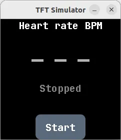 Screenshot of a TFT Simulator app window showing a heart rate monitor interface with "Heart rate BPM" at the top, three dashes where a reading would appear, "Stopped" status text, and a blue "Start" button at the bottom.